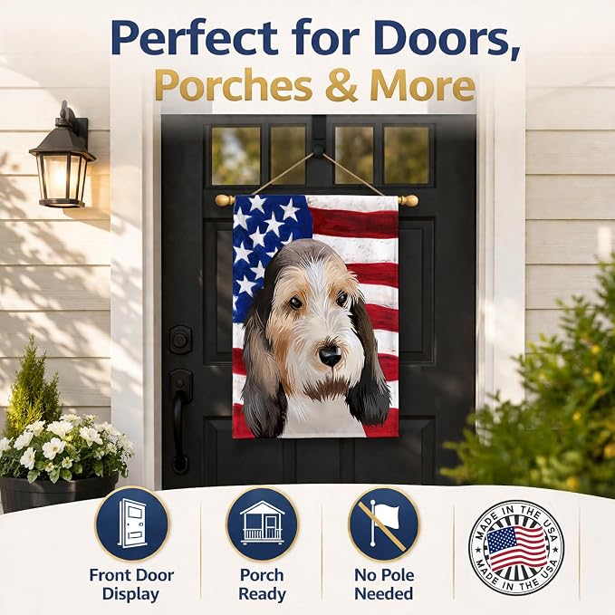 Caroline's Treasures CK6419CHF Grand Basset Griffon Vendeen American Flag House Flag Large Porch Sleeve Pole Decorative Outside Yard Banner Artwork Wall Hanging, Polyester, House Size, Multicolor