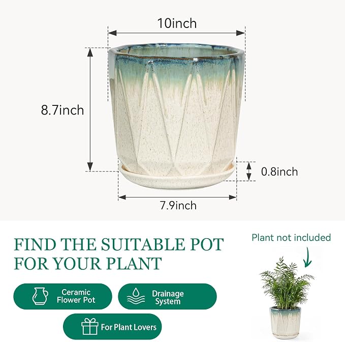 10 Inch Ceramic Plant Pot with Drainage Hole Mesh Net, Large Flower Pots for Indoor Plants with Saucer, Gardening Pots Outdoor (Blue Linen)