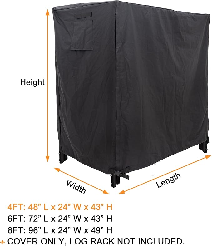 Heavy Duty Waterproof Log Rack Cover - Outdoor Fire Wood Protection Cover, 4ft - UV Protection, Black