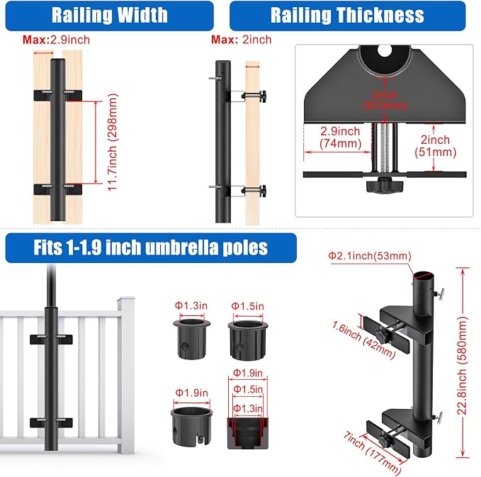 KingDolly No Drilling Deck Umbrella Mount, Heavy Duty Deck Railing Umbrella Holder with Space-Saving, Adjustable Patio Umbrella Holder for Deck Railing, Clamp on Umbrella Mount Fits 1''-1.9'' Poles