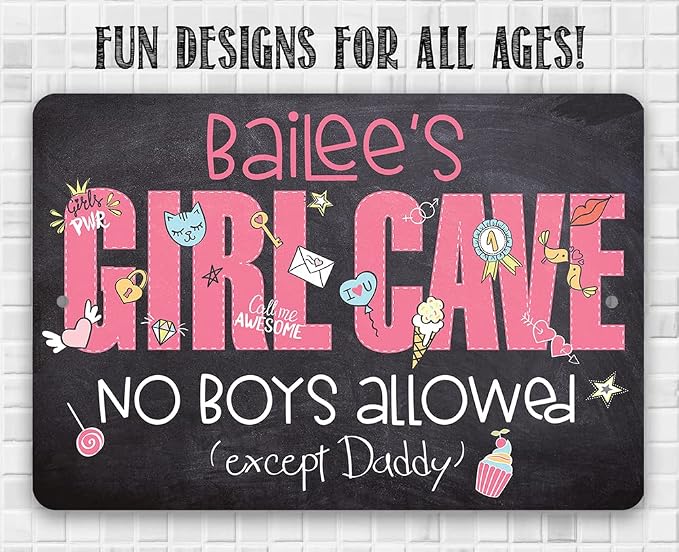 Personalized - Girl Cave - Great Girl Room Decor, Dorm Room Essentials, Preppy Pink Room Decoration, Teen's Room She Shed Sign Gift, Chalkboard Style 8x12 Indoor or Outdoor Durable Metal Sign