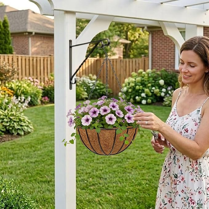 12 Inch Metal Hanging Basket with Coco Coir Liner for Flowers Planting, 4 Pack Hanging Baskets for Plants Outdoor, Round Wire Planters with Chain for Home Patio Porch Balcony Garden Decor
