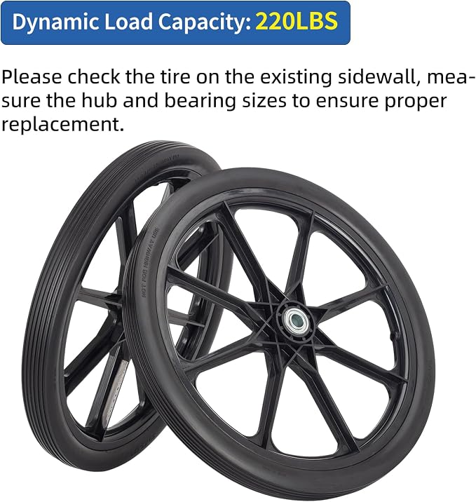 GICOOL 20" Flat Free Tire and Wheel, with 3/4" & 5/8" Bearing, 2.45" Centered Hub, Replacement Wheel For Rubbermaid Wheelbarrow, Garden Yard Cart, 2 Pcs