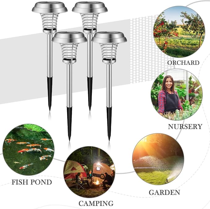 Qualirey 4 Pcs Solar Bug Zapper Waterproof Outdoor Mosquito Zapper Killer and Lighting Repellent Lamp for Indoor Outdoor Use Garden Patio, Purple and White Light(Stainless Steel,Silver)