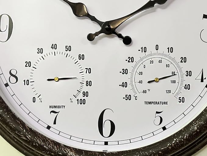 Outdoor Waterproof Wall Clock with Thermometer and Hygrometer Combo, 15 in Retro Battery Operated Garden Clocks for Indoor and Outside Patio Deck Pool -Not Silent (Black)