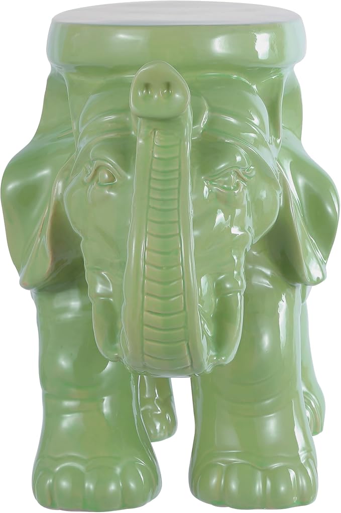 JONATHAN Y White Elephant 14.25" Glazed Ceramic Elephant Garden Stool, Weather-Resistant Indoor/Outdoor Patio Side Table and Plant Stand, Bohemian, Green TBL1007F