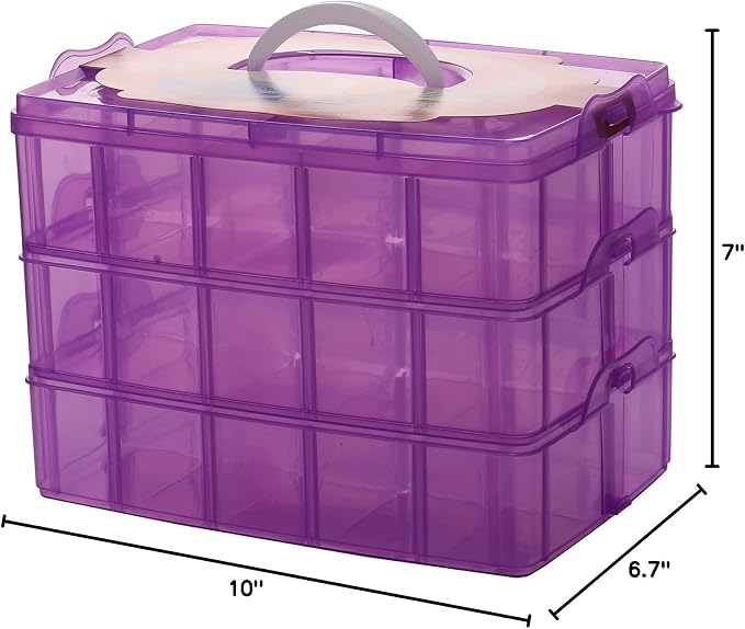 Sooyee 3-Tier Bead Organizer, Stackable Craft Storage Containers with 30 Adjustable Compartments for Washi Tape, Toy, Hair Accessories, Art Supplies, Fishing Tackle, Purple, 10"L x 6.7"W x 7"H