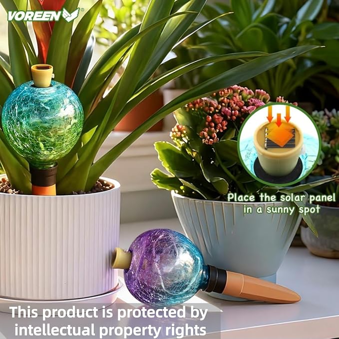 VOREEN Crackle Glass Plant Watering Globe with Terracotta Spike,Self-Watering Irrigation for Potted Plants, with Solar Accent Light for Indoor & Outdoor Décor, 17oz, Blue–Green Gradient