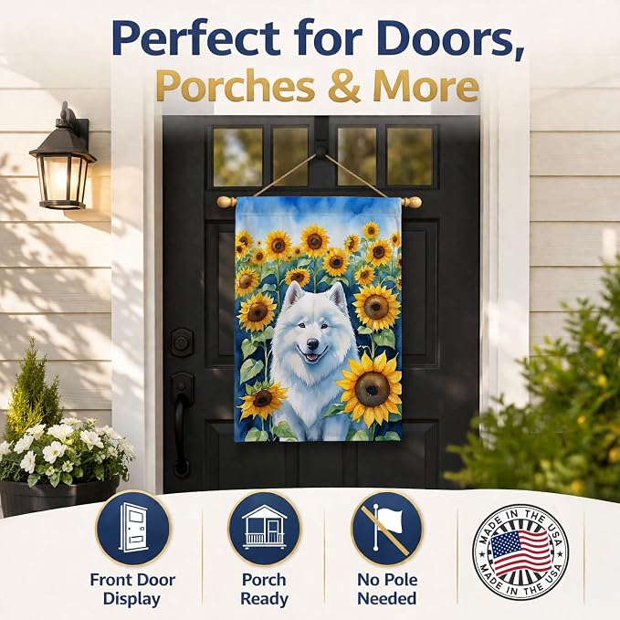 Caroline's Treasures DAC6154CHF Samoyed in Sunflowers House Flag Large Porch Sleeve Pole Decorative Outside Yard Banner Artwork Wall Hanging, Polyester, House Size, Multicolor