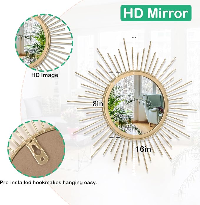 Gold Sunburst Mirrors for Wall Decorative Metal Round Art Mirrors Large Wall Decor Hanging Mirror for Bathroom Bedroom Living Room Vanity Entryway 16"