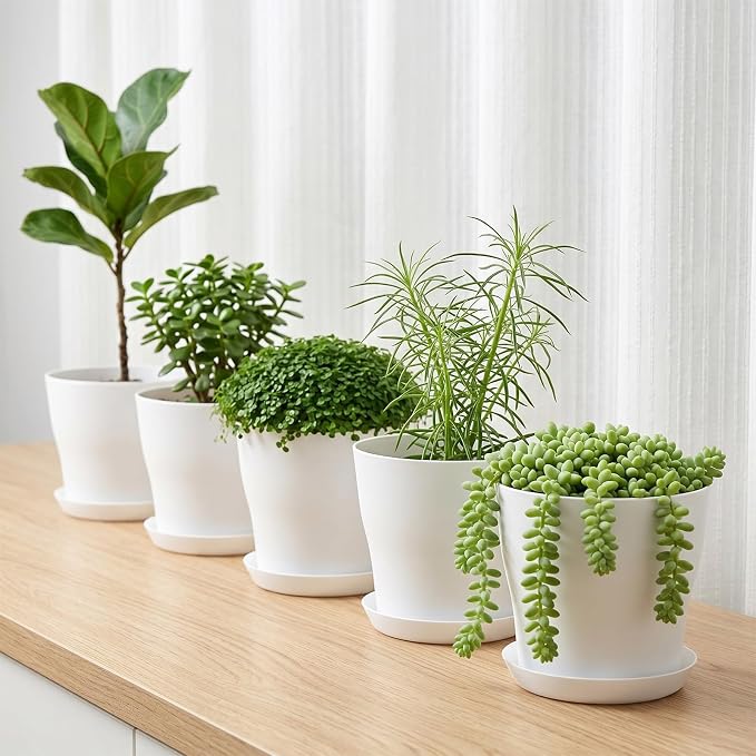 Yinder 32 Pcs 6 Inch Nursery Pots Flower Pots White Plastic Plant Pot Seed Starting with Saucers and Drainage Holes Plant Container for Herbs Houseplants Seeding Nursery Flowers