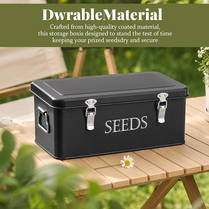 Ecopark Seed Storage Box, Professional All-in-one Kit with 2 Pens, 20 Plant Labels and 50 Seed Envelopes, Metal Storage Organizer, Saving Box, Seed Packet Container, Large, Black