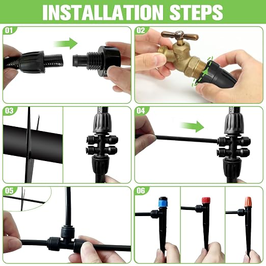 250FT Drip Irrigation System for Garden with 20 Nozzles & Emitters, Garden Watering System with 1/2" & 1/4" Tube and Barbed Fittings - Adjustable Sprinklers Kit for Greenhouse, Lawn, Raised Bed