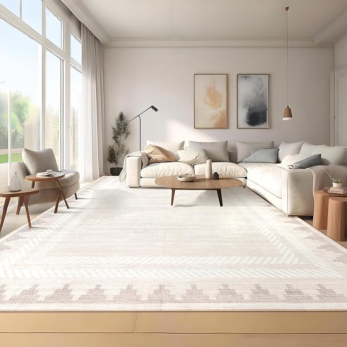 GarveeHome Washable Area Rug 8x10 Modern Neutral Living Room Rug Cream Non Slip,Border Geometric Carpet for Bedroom,Soft Non Shedding Solid Rugs Low Pile Carpet for Farmhouse Dining Room Office