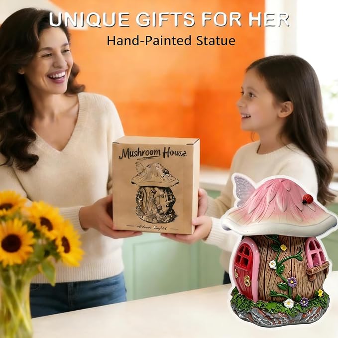 Mushroom Fairy Garden House Statue Outdoor Figurine with Solar Light,Garden Fairy House Decor,Fairy Cottage Ornaments,for Patio Yard Balcony Decoration,Gifts for Mom & Women