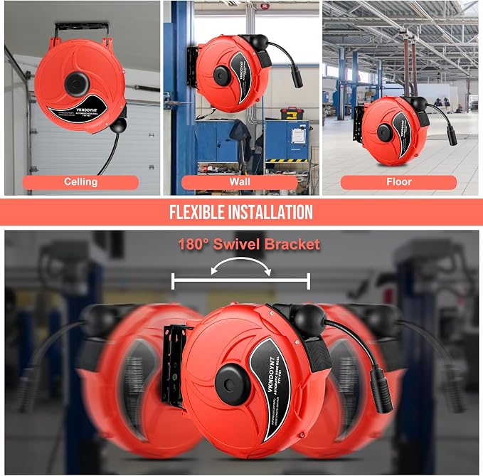 Retractable Air Hose Reel, 1/4 in x 50 FT Hybrid Polymer Hose, Air Compressor Hose Reel with 5 ft Lead in, Ceiling/Wall Mount Enclosed Air Reel, 180° Swivel Mount, Red/Black