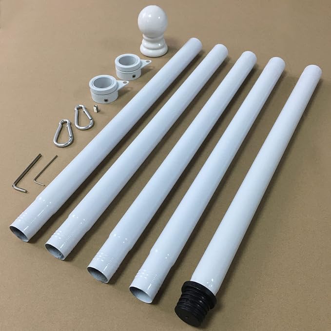 BONWIN White Flag Pole Kit for Outside House, 6 FT Thickened Stainless Steel Wall Mount Flag Pole for 3x5'/ 4x6' American Flag, 1" Anti-Wrap Spinning Flagpole Rings Hardware Kits for Porch Yard