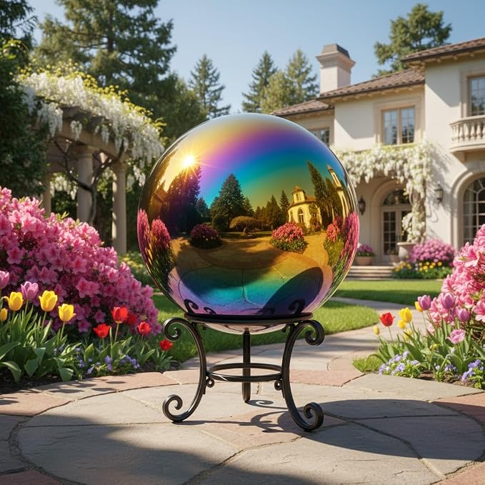 35cm/14 inch Garden Sphere Mirror Gazing Ball,Rainbow Stainless Steel Polished Reflective Smooth Hollow Globe Ball,Durable Colorful and Shiny Decorations Addition to Garden Patio Yard Home