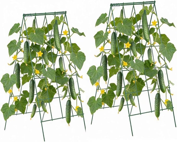 VEVOR Cucumber Trellis, 46" High Foldable A-Frame Garden Trellises for Raised Bed, 4 Panels, Metal Rustproof Outdoor Climbing Plant Support with 2 Plant Bags for Vine, Peas, Beans, Tomato, Flowers