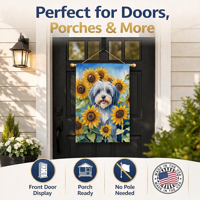 Caroline's Treasures DAC6168CHF Tibetan Terrier in Sunflowers House Flag Large Porch Sleeve Pole Decorative Outside Yard Banner Artwork Wall Hanging, Polyester, House Size, Multicolor