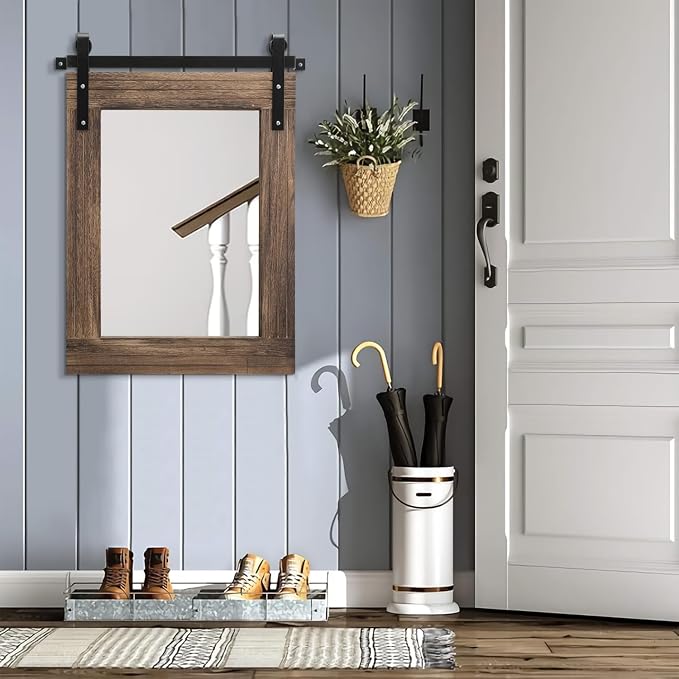 AAZZKANG Rustic Wood Mirror Rectangle Decorative Wall Mirror Large 26"x18" with Frame Bedroom Living Room Bathroom Hanging Mirror