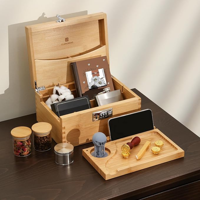 GLENCREAG Stash Box with Rolling Tray, Smell Proof Large Bamboo Storage Box with Lock, Decorative Box Set Includes Glass Jars & Grinder, Gift for Men Women