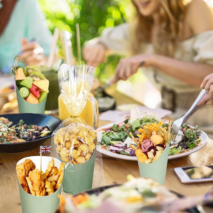 Whaline 60Pcs Sage Green Charcuterie Cups with Bamboo Sticks Plastic Treat Goodie Bags Gold Twist Ties 14oz French Fries Cup Holder for Home Kitchen Wedding Baby Shower Birthday Party