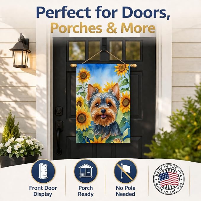 Caroline's Treasures DAC6178CHF Yorkshire Terrier in Sunflowers House Flag Large Porch Sleeve Pole Decorative Outside Yard Banner Artwork Wall Hanging, Polyester, House Size, Multicolor