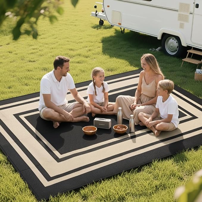 RURALITY Outdoor Rugs 6x9 Waterproof for Patios Clearance,Plastic Straw Mats for Backyard,Porch,Deck,Balcony,Reversible,Black and Beige