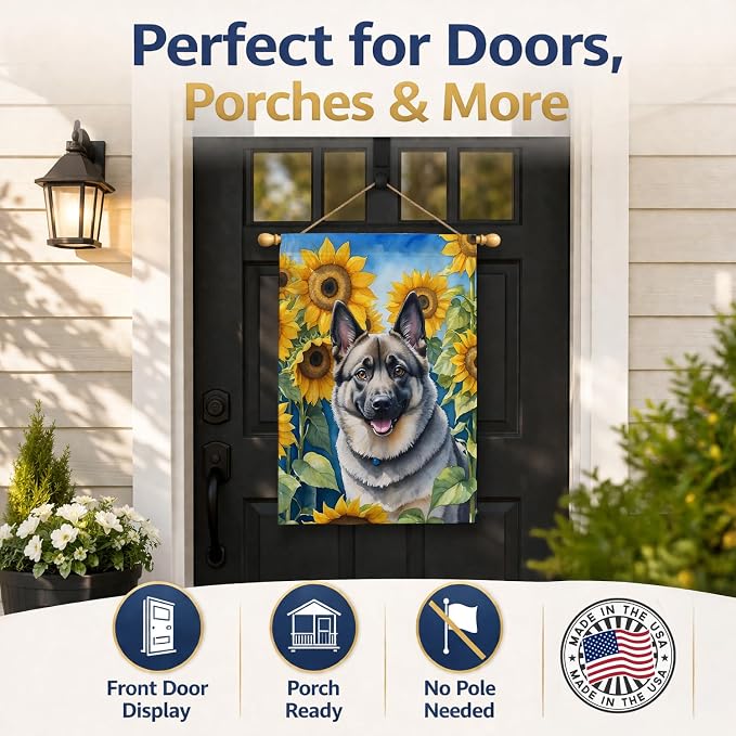 Caroline's Treasures DAC6126CHF Norwegian Elkhound in Sunflowers House Flag Large Porch Sleeve Pole Decorative Outside Yard Banner Artwork Wall Hanging, Polyester, House Size, Multicolor