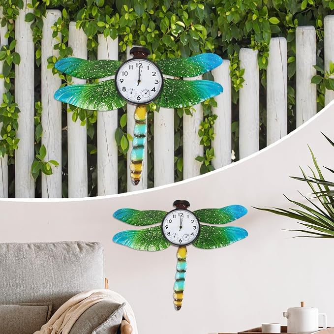 Unique Outdoor Clock Silent None-Ticking, Outdoor Wall Clock with Thermometer & Humidity, Waterproof Outside Clock for Patio, Living Room, Kitchen (Green Dragonfly)