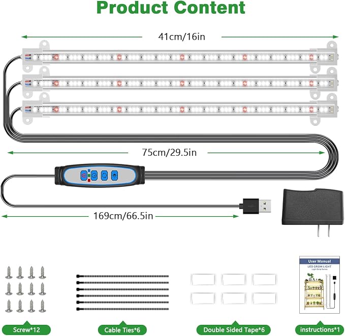 Wiaxulay LED Plant Grow Light Strips, 6000K White Grow Lights for Indoor Plants Full Spectrum, 3 Bars/16 in Grow Lamp with 6/12/16 Hrs Timer, 5 Brightness for Green House, Hydroponics, Seed Starting | 3 Bars 1-Pack, 6000K Growing Lamp with 3 Lighting M...