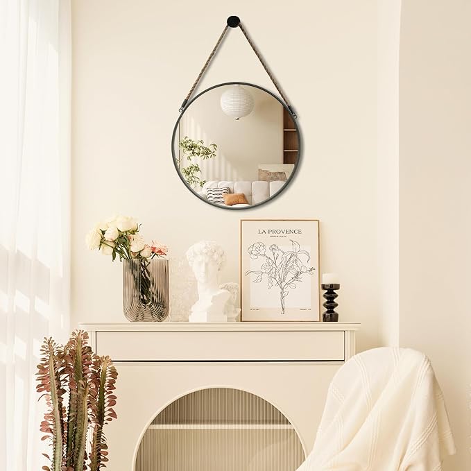 POZINO 15" Small Round Hanging Mirror with Grey Metal Frame