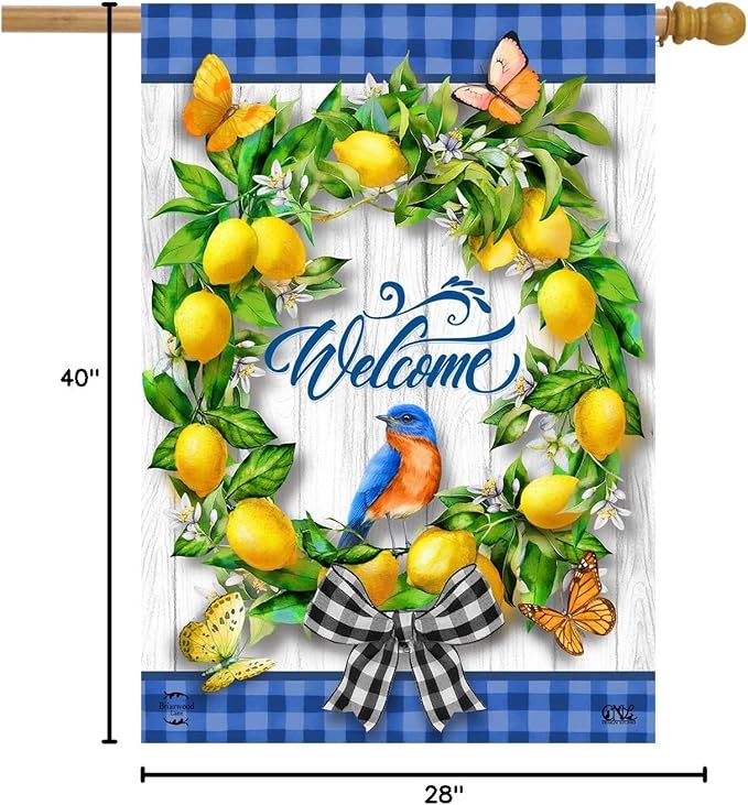 Lemon Wreath Spring House Flag Welcome Bluebird 28" x 40" Briarwood Lane