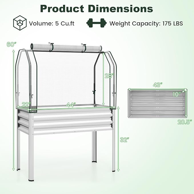 Giantex Raised Garden Bed with Legs & Greenhouse Cover, 44x22x60 Elevated Metal Planter Box with Roll-up Door, Outdoor Mini Greenhouse for Vegetable Flower Herb Patio Balcony (Silver,2)