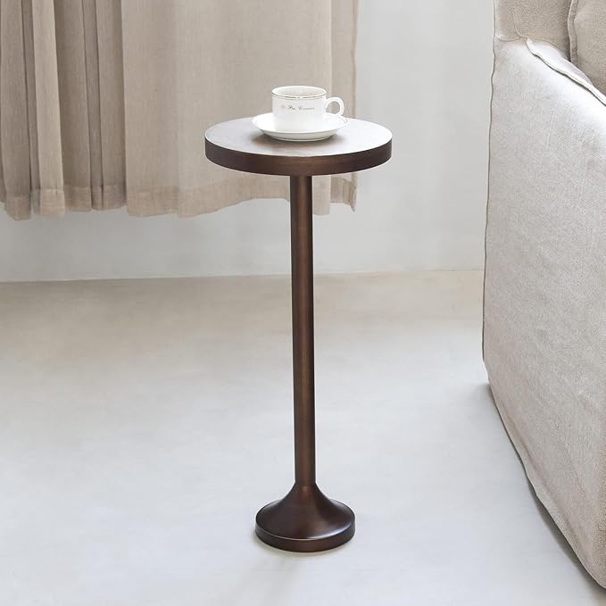 COZAYH Small Pedestal End Table, Living Room Accent Side Table - Display Stand with Wood Top & Distressed Finish Metal Base, Light Espresso