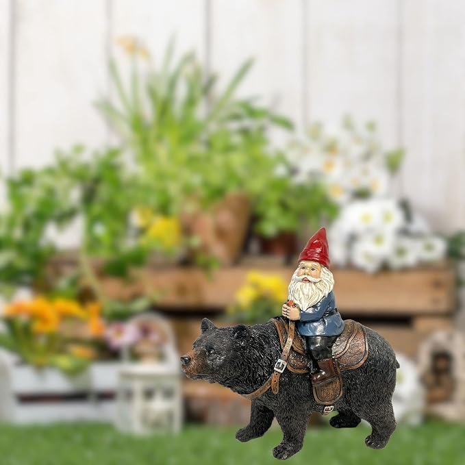 BestGiftEver Outdoor Statue Gnome Riding Bear Design in Resin | Funny, Garden Yard Patio Flowerbed Lawn Decoration, Figurine
