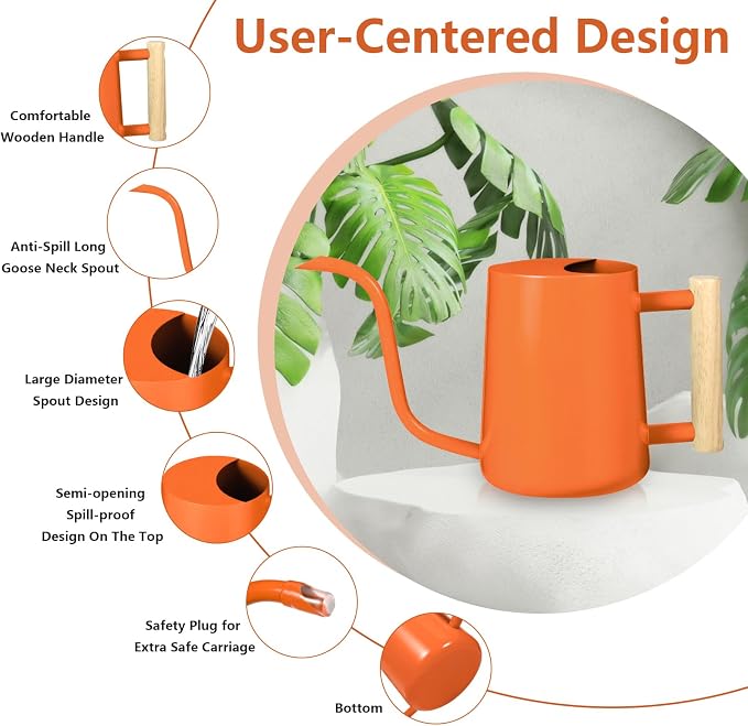 Watering Can Indoor Plants, 35oz Small Stainless Steel Metal Watering Can Modern Decorative Watering Pot with Long Spout for Indoor House Plant Bonsai Garden Flowers (Orange)