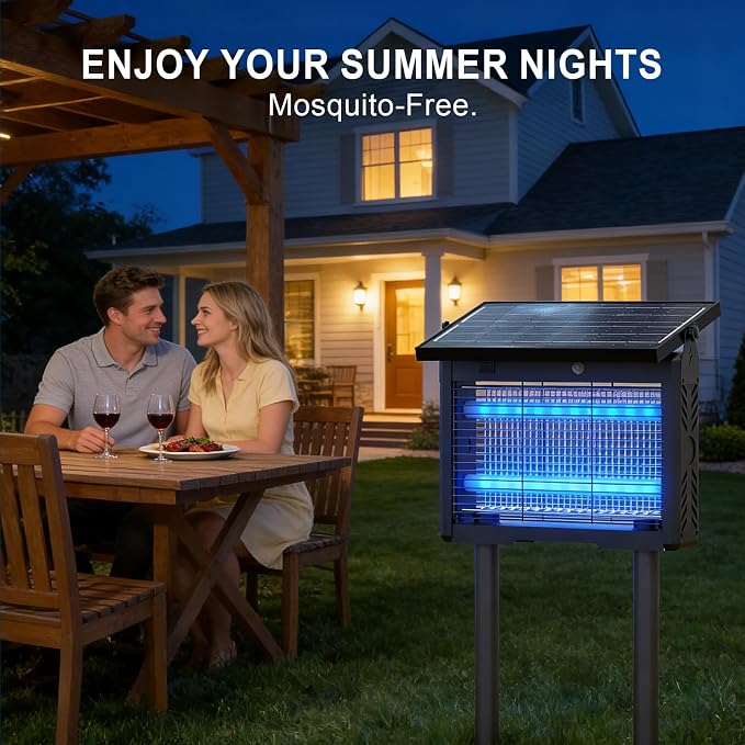 14W Solar Bug Zapper Outdoor | 7500mAh, 365–395nm UV, Dusk-Dawn Sensor, IPX5 Waterproof, 20ft Cord, Indoor & Outdoor for Home, Patio, Garden, Deck, Camping