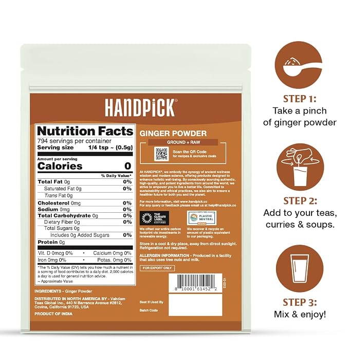 HANDPICK Ginger Powder (14oz/397g) No Additives, No Preservatives, No Fillers | Ginger Root Powder from India | Raw, Gluten Free, Non GMO | Perfect for Cooking | Resealable Pack (Packaging may vary)