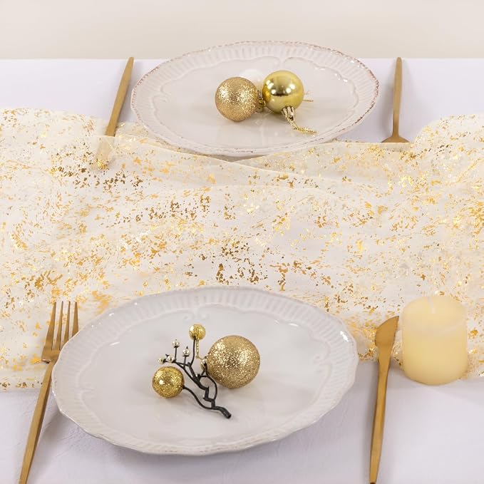 Socomi Gold Table Runner Gauze Tulle Sheer Glitter Metallic Foil Chiffon Cheesecloth Sequin 10FT Wedding Birthday Party Dining Anniversary Holiday Centerpiece Table Decor Beige