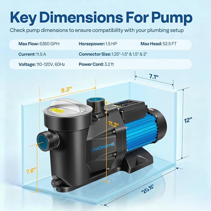 VIVOHOME Self Primming in/Above Ground Swimming Pool Pump w 1.25'' & 1.5" & 2.0'' Unions Energy Saving w/Strainer Baske, 6361 GPH