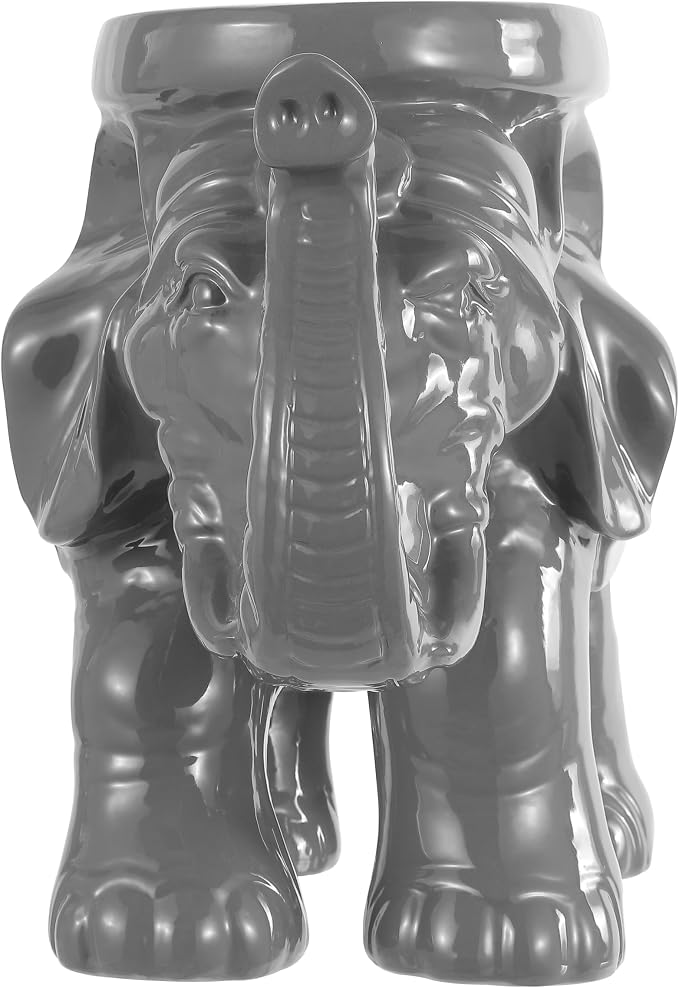 JONATHAN Y White Elephant 14.25" Glazed Ceramic Elephant Garden Stool, Weather-Resistant Indoor/Outdoor Patio Side Table and Plant Stand, Bohemian, Gray TBL1007E