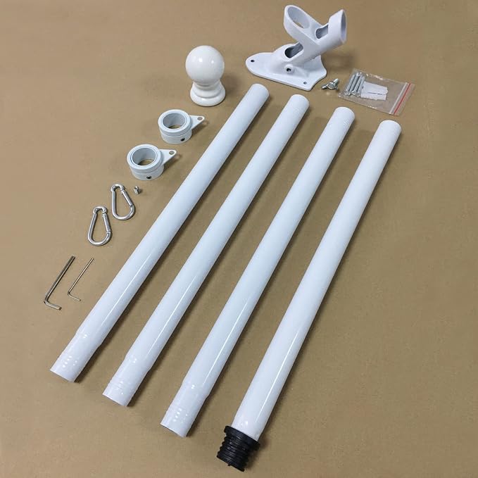 BONWIN White Flag Pole Kit for House, 5FT Thickened Stainless Steel Outside Wall Mount Flagpole for 3x5' Flag, 1" Tangle Free Rotating Flag Pole Rings & 2-Position Bracket Holder for Porch Residential
