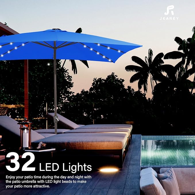 JEAREY 8x10 ft Rectangular LED Lighted Patio Umbrellas Outdoor Solar Table Market Umbrella w/Crank, 8 Sturdy Ribs, UV Protection Waterproof Sunproof(Royal Blue)