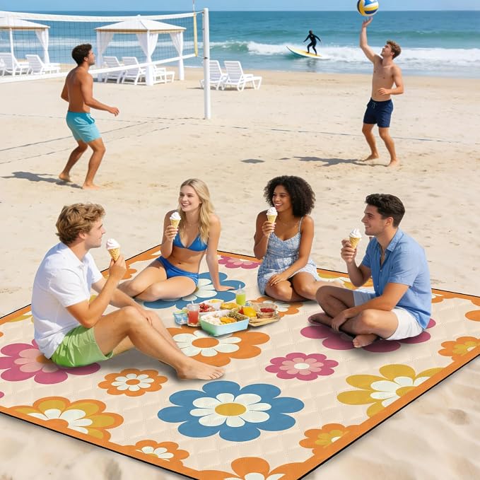 MAYJOYDIY Extra Large Picnic Blanket 79×79" Waterproof Beach Blanket with Carry Strap Foldable Travel Essential Accessories Gift for Grass Concert Park Lawn Camping Travel(Orange Flowers)