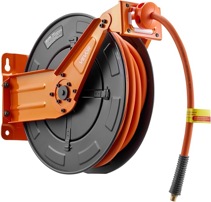 VEVOR Retractable Air Hose Reel, 3/8 Inch x 50 FT Rubber Air Hose Max 300PSI, Auto Rewind Air-Compressor Hoses Reel with 5 ft Lead in, Ceiling/Wall Mount Heavy Duty Steel Double Arm