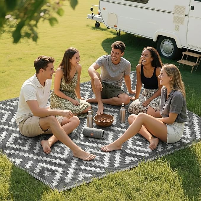 RURALITY Outdoor Rugs 6x9 Feet for Patios Clearance,Plastic Straw Waterproof Mats for Backyard,Porch,Deck,Balcony,Grey&White