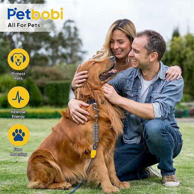 Petbobi Dog Tie-Out Cable and Stake - 40ft Heavy Duty Cable with Spring, No Tangle, 16in Ground Stake, Ideal for Yard, Camping and Beach, Suitable for Medium to Large Dogs Up to 120 lbs, Blue