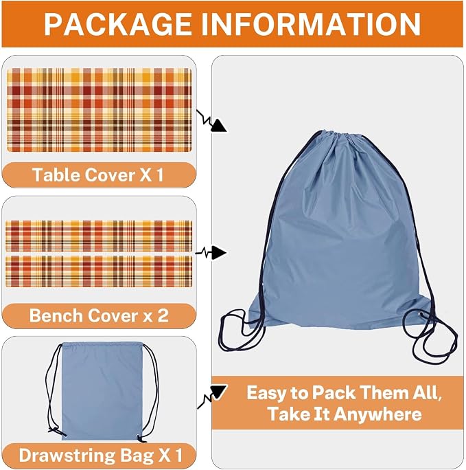 Picnic Table Cover with Bench Covers Elastic Edges, Fall Autumn Fitted Table Cover, Outdoor Patio Camping Essentials 72 Inch 3PCS, Waterproof Camping Fitted Tablecloth with Drawstring Bag